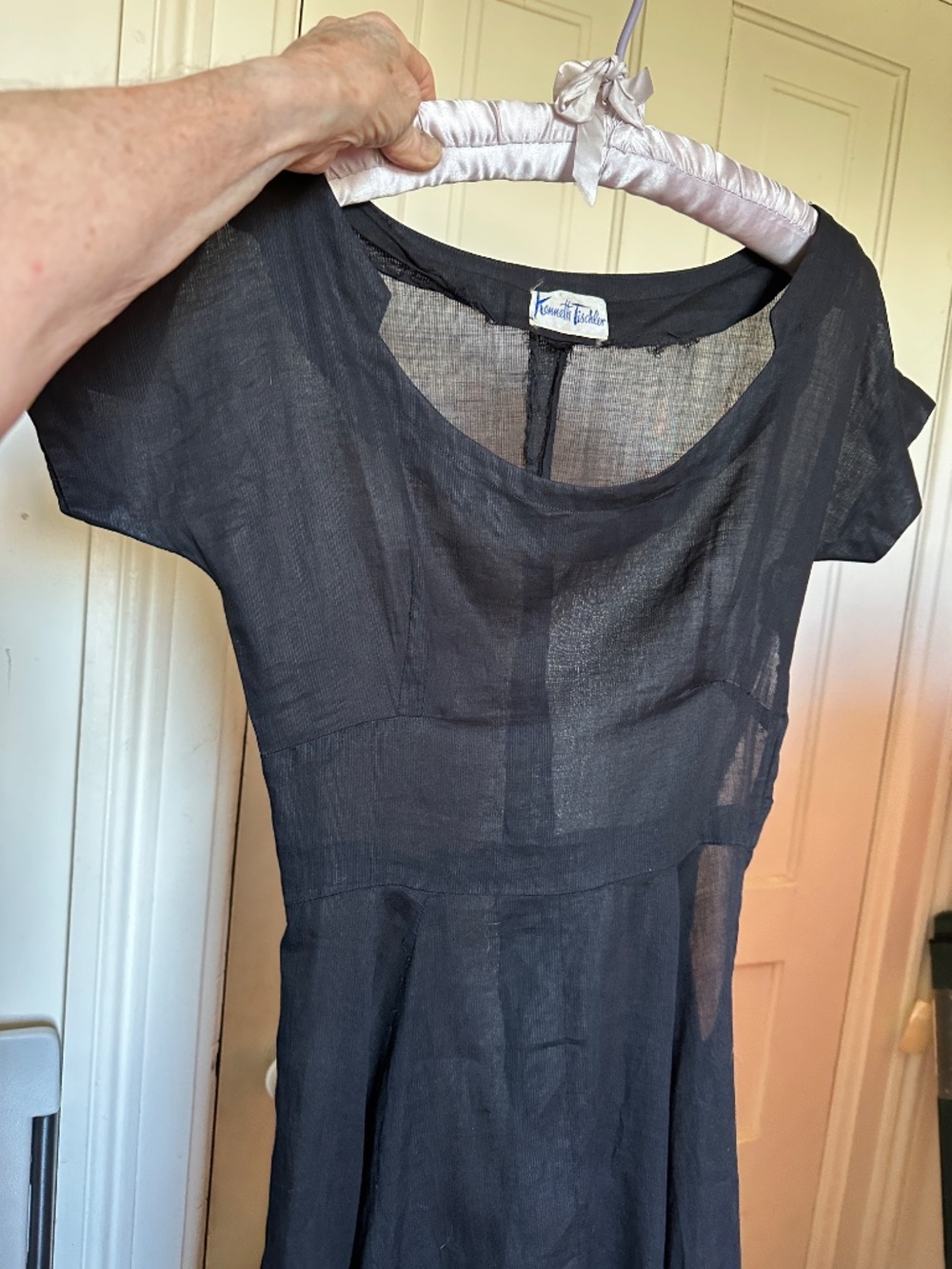 Vtg Kenneth Tischler Black Cotton Swing Dress Fitted Lightweight Small